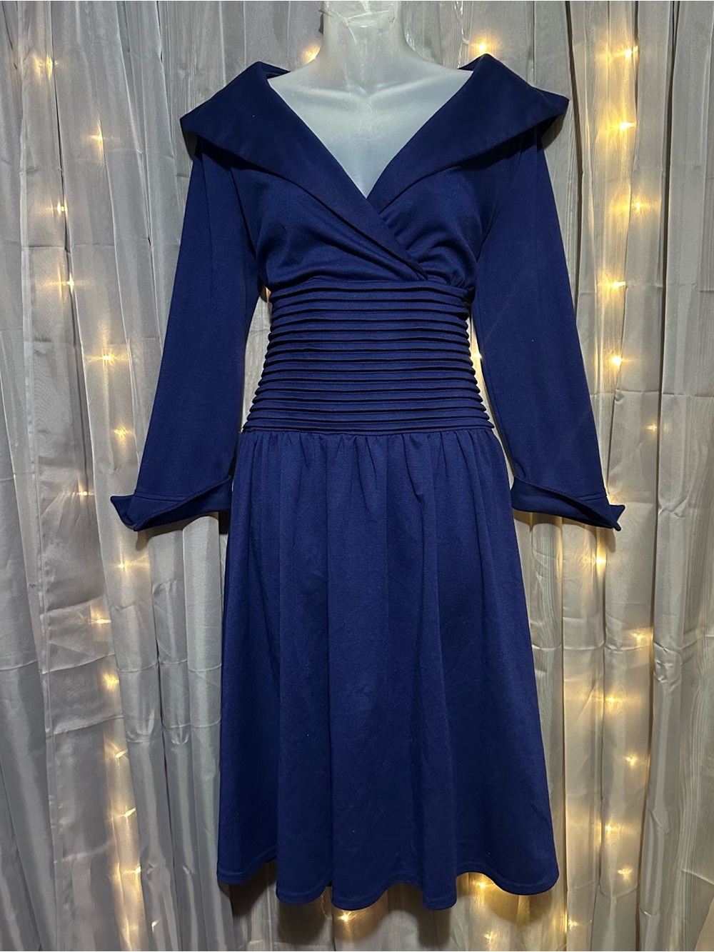 DressV retro inspired royal blue collared V-neck fit and flare dress Sz XL